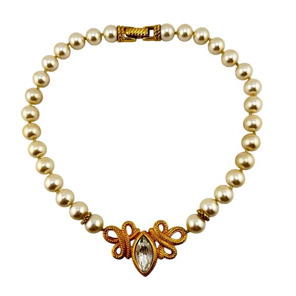 Vintage Swarovski Marquise Crystal Faux Pearl Knotted Rope 15" Choker Necklace - Picture 1 of 12
